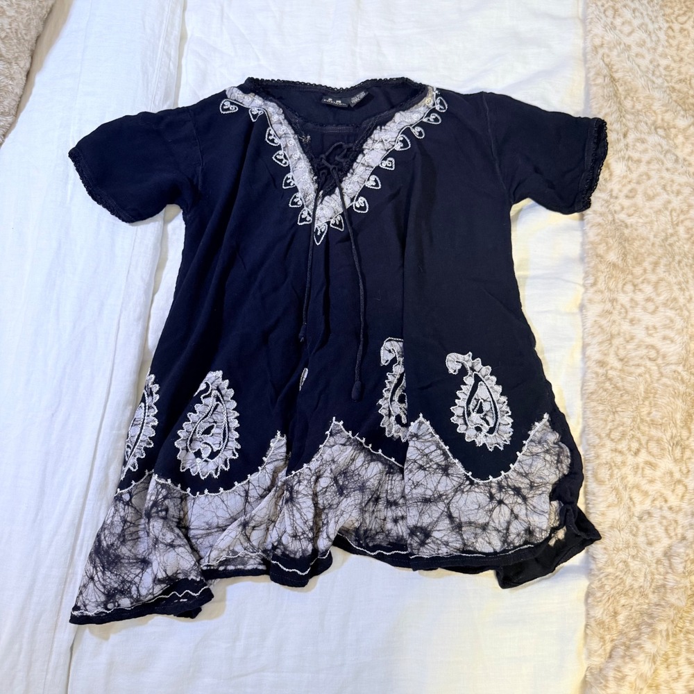 S.R. Fashion Black Boho Paisley Embroidered Batik Lace Up Tunic Top Free Size - Picture 3 of 5